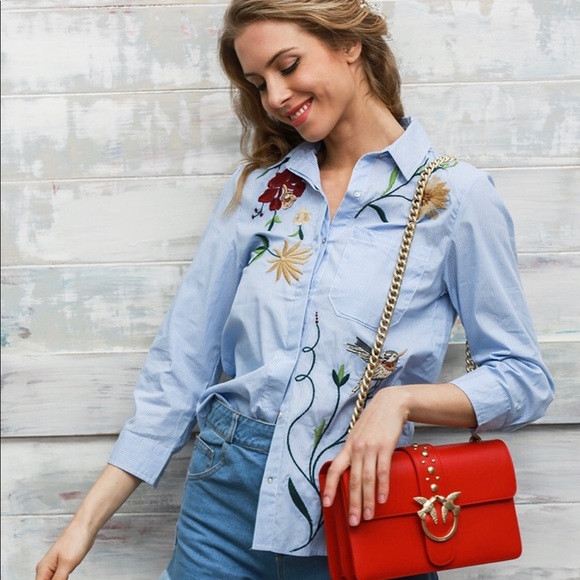 Tops - HP Flower Embroidered Blue Striped Shirt